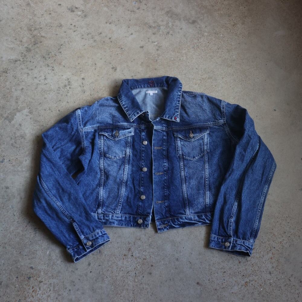 Frances Valentine Cropped Denim Jacket 1X Blue Embroidered Heart Button Front